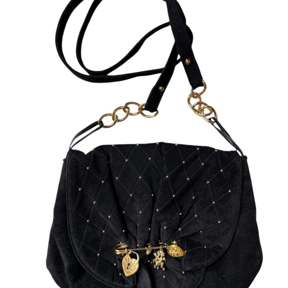 Sharif Gold Ornate Heart Brooch on Black Velvet Suede Sharif Vintage purse - Picture 1 of 14